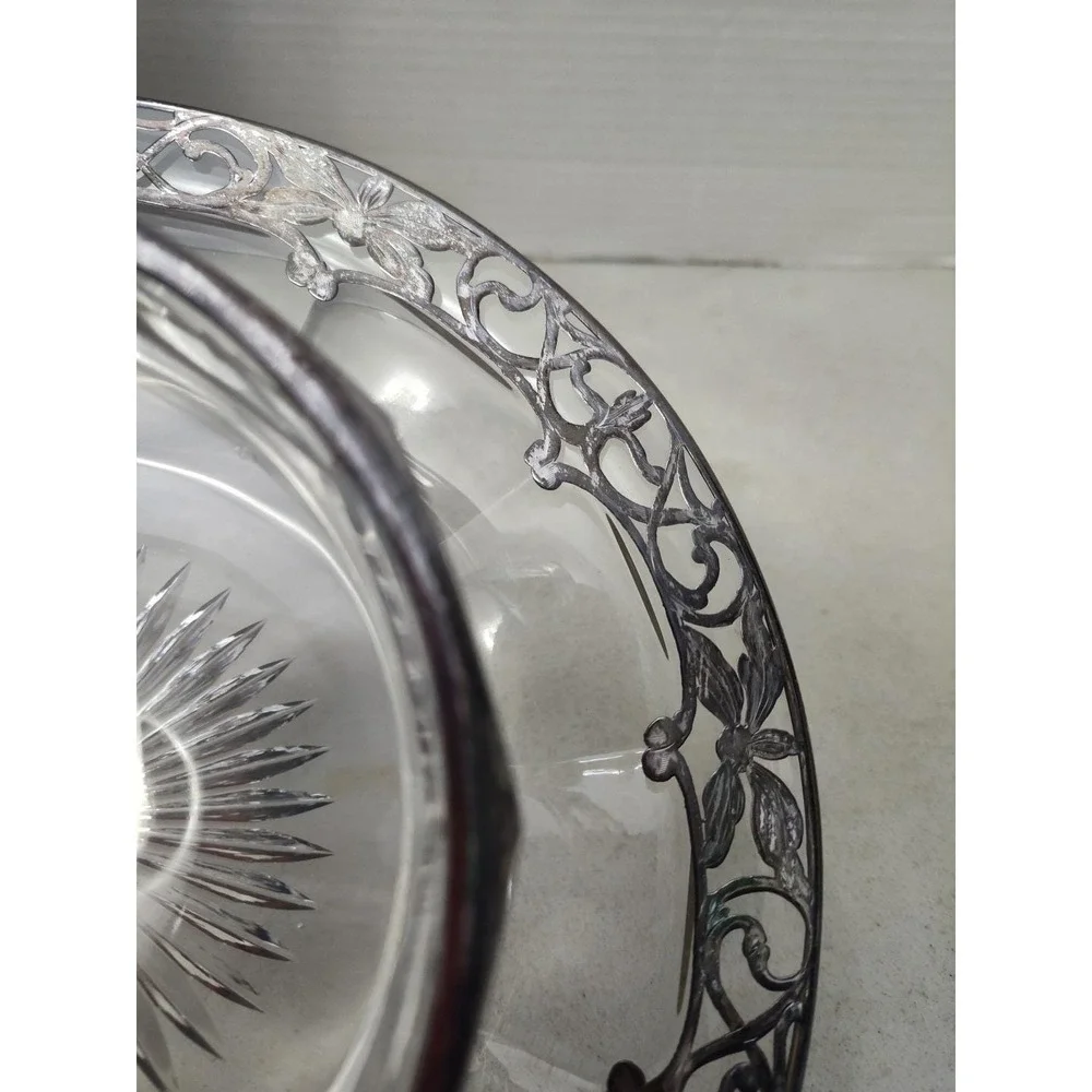 Sterling Silver Overlay Tiered Tray Cut Crystal Star Bottom Ornate Heisey Clear